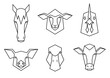 Set of farm animals icons. Geometric heads of a horse, sheep, chicken, pig, duck and cow. Linear style vector collection illustration.