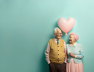 Wall Mural - A married couple of pensioners who are happy in love and have a matching outfit of pastel colors. Love that lasts forever. Grandparents holding a heart shaped balloon. Illustration. Generative AI.