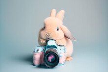 A Cute Little Easter Bunny With A Vintage Retro Pastel Blue Camera, Small Rabbit Photographer. Creative Decoration For Easter Holidays. Illustration. Generative AI.