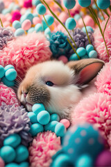 Wall Mural - A cute little Easter bunny surrounded by fresh Spring flowers and colored Easter eggs. Creative decoration for Easter holidays. Illustration. Generative AI.