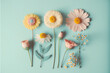 Flat lay creative illustration concept of fresh field Spring flowers on pastel blue background. Beautiful pink bloomed flowers. Generative AI.
