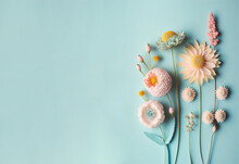 Flat Lay Creative Illustration Concept Of Fresh Field Spring Flowers On Pastel Blue Background. Beautiful Pink Bloomed Flowers. Generative AI.