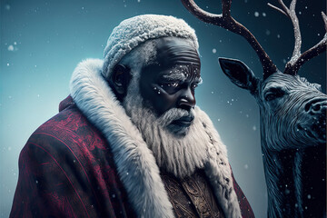 portrait of a Black santa claus out in the snow with a reindeer -Generative Ai