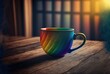 illustration of rainbow color cup on wooden desk, idea for supporting LGBTQ theme, coffee for everyone, equal coffee 