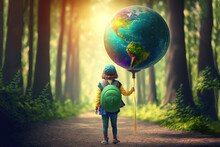 Illustration Of Cute Kid Boy Or Girl With Big Earth Planet Balloon, Idea For Environment Reservation, Save The World Today For Future Of Your Children	