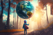 Illustration Of Cute Kid Boy Or Girl With Big Earth Planet Balloon, Idea For Environment Reservation, Save The World Today For Future Of Your Children	