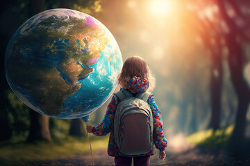 Wall Mural - illustration of cute kid hold big Earth balloon, idea for  environment reservation,  save the world today for future of your children