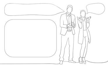 Wall Mural - Continuous line drawing of a diverse group of standing people with chat for text on white background. Business team - continuous line drawing