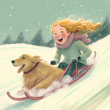  Kid And Dog Riding A Sled On A Snowy Winter Slope Watercolor Illustration Made With Generative AI