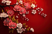 With Copy Space, This Red Backdrop Has A Border Of Spring Flowers. Traditional Chinese New Year Floral Pattern. Generative AI