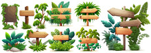 Wooden Signboards In Jungle. Wood Board With Tropic Leaves, Moss And Liana Plants For Game Ui. Jungle Wood Banner,, Wooden Pointing In Green Leaves. Vector Illustration On White Background	