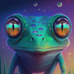 Neon iridescent psychedelic frog. Generative AI. Not based on any