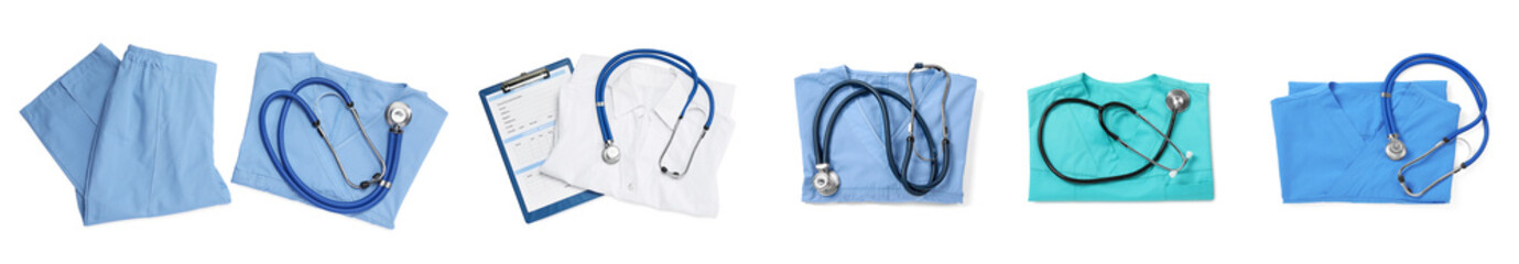 Wall Mural - Medical uniform isolated on white, top view. Banner design