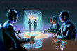 A group of businesspeople in a meeting listening to two people presenting via holographic projection. generative ai