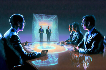 a group of businesspeople in a meeting listening to two people presenting via holographic projection