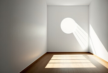 Poster - mock up of a white, empty room with a wood laminate floor and a shadow created by the sun on the wal