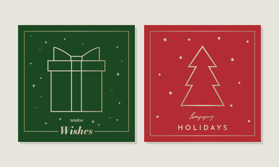 Wall Mural - Holiday Set Of Two Square Greeting Cards. Elegant Golden Graphics On Green And Red Background. 