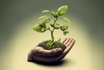 Poster - the sprout is held within an open hand. the idea of ecological growth and preservation. style of col