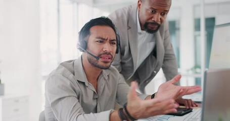 Poster - Call center, help and manager with team support, problem solving and solution for software error, website 404 and glitch. Information technology, confused and leader with employee advice for mistake
