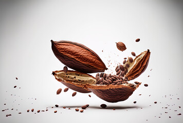 Flying cocoa pods may be seen. On a white backdrop, a cracked and complete cocoa pod and its beans hover. picture with high resolution. Levitation theory. Generative AI