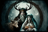 Fototapeta  - Pagan Christmas Yule Holiday Card Style Painting of Holly King and Winter Goddess  Generative AI
