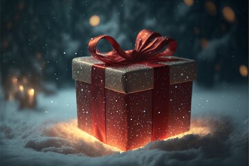 Canvas Print - Christmas gift box with red ribbon and bow on the snow with blurred lights on the background