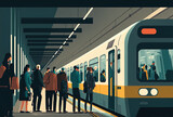 Fototapeta  - a flat public transportation background featuring a metro or suburban train and people on a platform. Generative AI