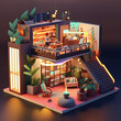 Miniature Interior of Futuristic Cyberpunk House Diorama with cute furniture and toys Generative AI technology