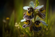 Vertical selective focus image of the blooming plant ophrys insectifera. Generative AI