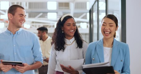 Poster - Talking business people, diversity or modern office walking and tablet, paper documents or digital marketing research. Happy smile, laughing creative designers or teamwork collaboration on technology