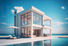 Luxury Beach House With A Pool And An Empty Terrace In Contemporary Style, A Vacation Home For A Large Family Against A Backdrop Of The Blue Sky, Of A Residential Structure. Generative AI