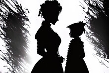 Silhouette Of A Victorian Woman And Kid On A White Backdrop. Generative AI