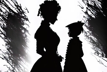 Wall Mural - silhouette of a Victorian woman and kid on a white backdrop. Generative AI