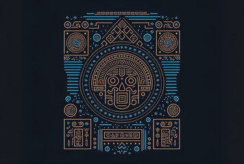 Canvas Print - Aztec inspired historical symbol. On a dark blue gradient backdrop, simple thin lines form the shape of historical icons for ui and ux, websites, or mobile applications. Generative AI