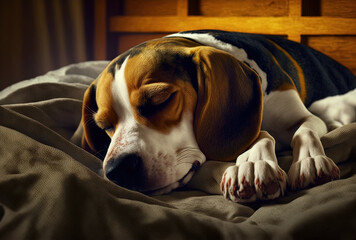 Sticker - adorable Beagle dog dozing on a bed. adorable animal. Generative AI