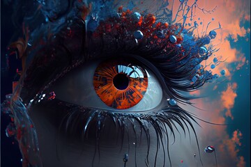 Wall Mural -  a close up of a person's eye with a strange look on it's face and water drops on the iris. Generative AI