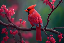  A Red Bird Sitting On A Branch Of A Tree With Pink Flowers In The Background And A Green Background. Generative Ai