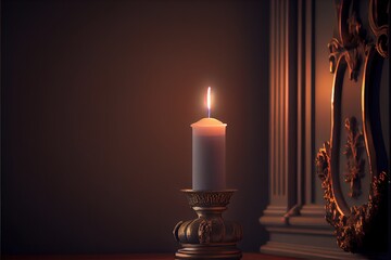 Wall Mural -  a lit candle is sitting on a table in front of a mirror with a mirror frame behind it and a mirror behind it. Generative AI