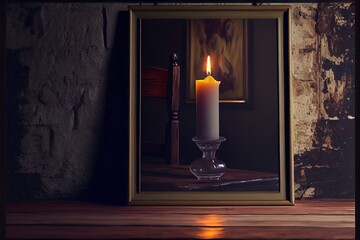 Poster -  a candle is lit in a mirror on a table in a room with a brick wall and a window. Generative AI