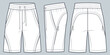 Jogger Short Pants technical fashion Illustration. Sport Shorts fashion flat technical drawing template, front, side and back view, front and side pockets, white, women, men, unisex CAD mockup.