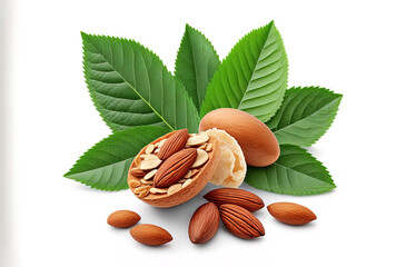 Sticker - Almond slices and nuts piled together with a green leaf are isolated on a white background. Generative AI