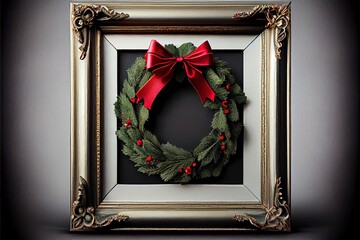 Poster -  a picture frame with a christmas wreath in it and a red bow on the front of it. Generative AI