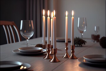  a table with a white table cloth and a set of candles on it with plates and glasses on the table. Generative AI