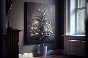 Sticker -  a small christmas tree in a pot in a room with a window and a radiator in the corner. Generative AI