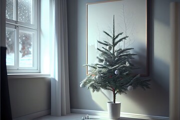 Sticker -  a small christmas tree in a pot in front of a window with a snow covered window sill behind it. Generative AI