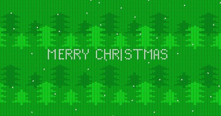 Poster - Green forest with snow and Merry Christmas text, ugly sweater. New Year holidays season animated video. Animation of Winter knitted sweater pattern.
