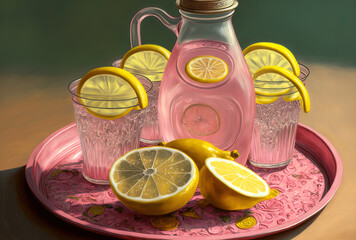 Poster - Close up of a drink tray with four little glass bottles, a pitcher, and lemon slices with freshly squeezed pink lemonade with pink swirls. Generative AI