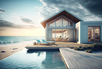 the ocean. for a holiday home or hotel, a luxury contemporary beach house with a pool and sun lounge