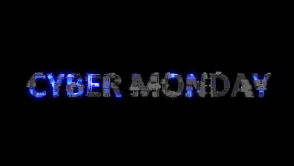 Poster - metal scrap cyber punk text CYBER MONDAY with electrical light and animated surface, isolated - loop video