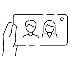 Sticker - Selfie vector line icon. Take a selfie photo. cell phone front camera and selfie stick. Smartphone device symbol illustration